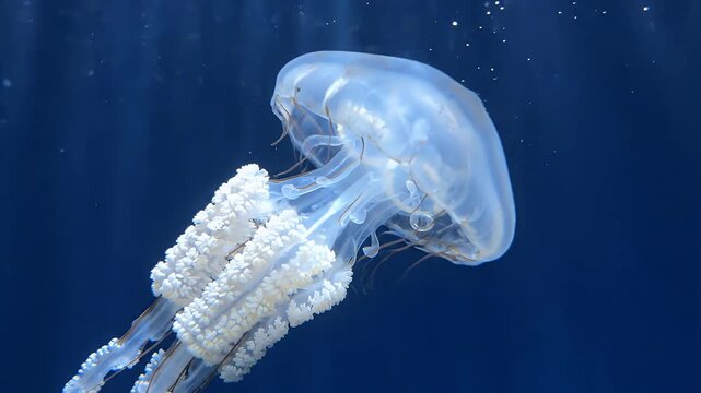 Graceful Transparent Jellyfish with White Polyps Floating in Deep Blue Ocean - A stunning, transparent jellyfish with delicate white polyps drifts gently through the deep blue ocean.