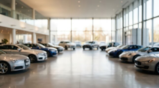Modern car dealership showroom interior blurred background luxury vehicles auto dealership business commercial space automotive industry