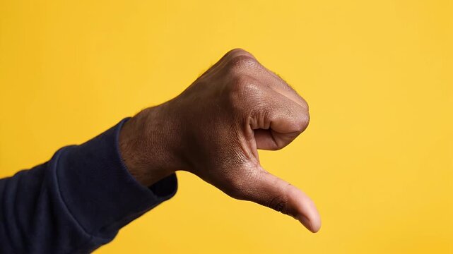 Thumbs Down Gesture Against Bright Yellow Background - A hand is shown giving a thumbs down gesture, indicating disapproval or negativity.