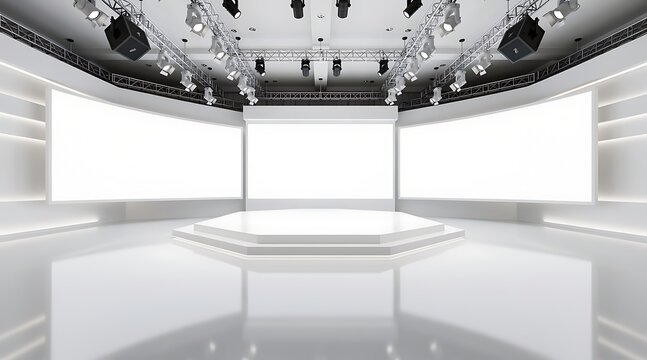 Modern Futuristic Stage with Multiple Screens and Lighting Rig.