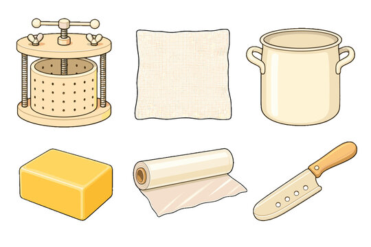 Cheese making tools and dairy equipment vector set