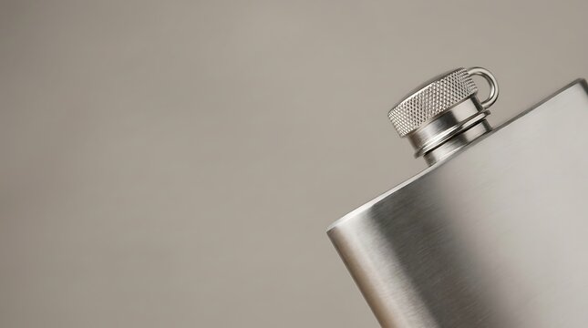 Close up of a brushed stainless steel hip flask