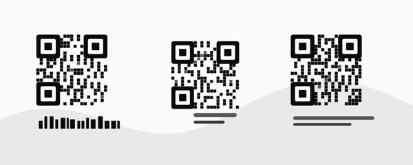 Fototapeta premium Three QR codes on a light gray background with subtle wavy lines below for digital information access