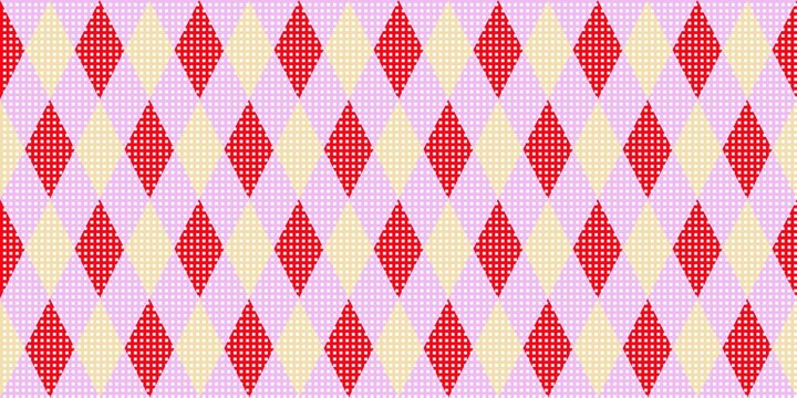 Seamless diamond argyle pattern background with red gingham checkered print and pastel yellow geometric shapes on purple grid background for holiday, party, textile, wallpaper design.