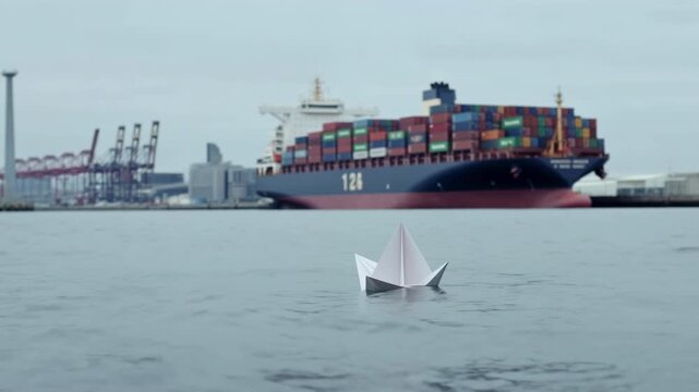 Cargo ship in port, in harbor with cranes and containers, with cargo ship, cranes, containers, from a wide-angle shot from the water perspective, with blue, gray accents.