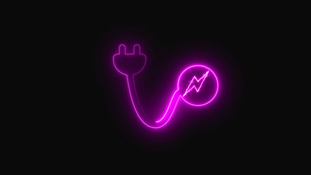 Glowing purple neon electric plug icon with a lightning bolt symbol representing energy and power on a dark black background