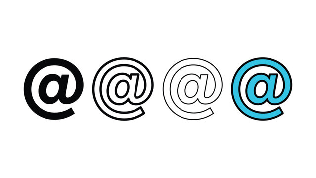 Four variations of the at symbol icon with different line weights and a teal colored version on a white background