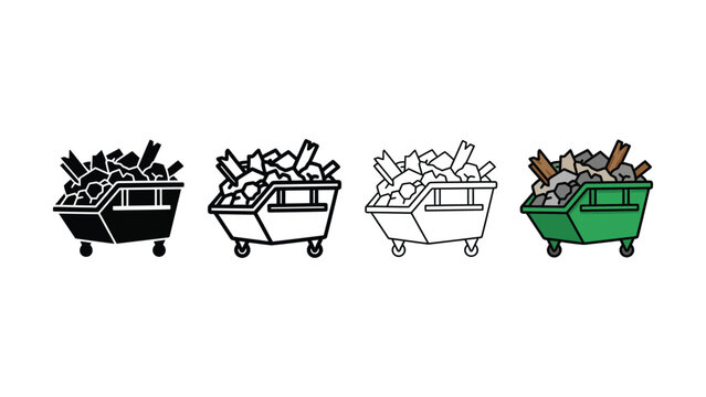 Four variations of a dumpster filled with trash and debris in black and white and color vector illustration