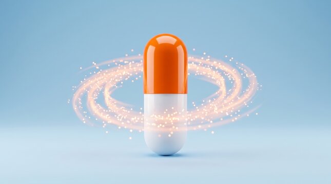 Centered 3d render of single orange and white medical capsule floating in space surrounded by a magical ring of golden glowing light particles against soft light blue background