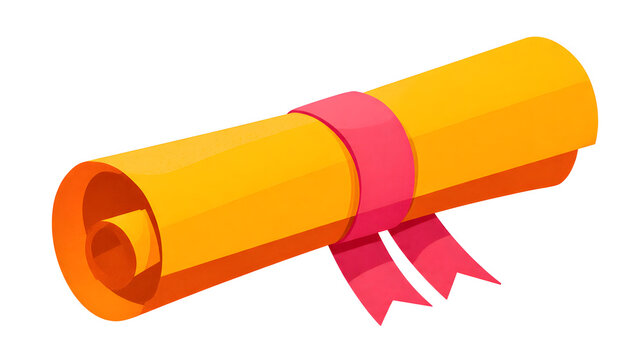 Bright golden scroll illustration, neatly rolled and secured with a festive pink ribbon, symbolizing educational achievement, recognition, and important official success