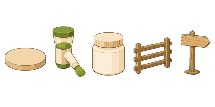Vector set of jar, brush, fence, sign and round platform