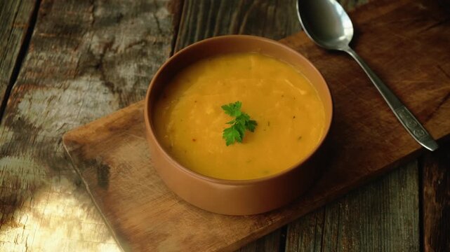Bowl of pumpkin soup garnished with parsley. Tradition vegetable cream soup. Thanksgiving dinner in rustic style. Autumn food.