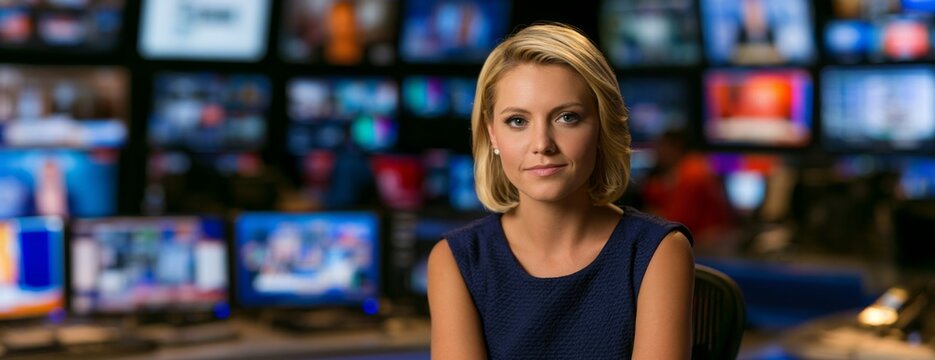 News anchor blond woman sitting at desk with monitors in a newsroom background  