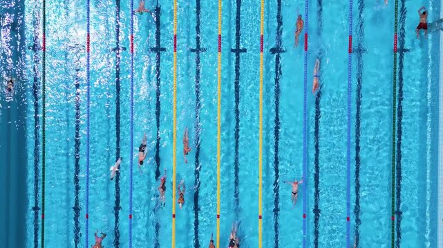 Aerial Top Down View of Swimmers Training in an Outdoor Swimming Pool
