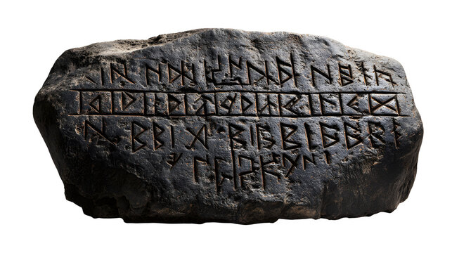 Ancient viking runestone with carved inscription on dark stone with dark colored stone intricate inscriptions carved surface weathered dark with viking runic