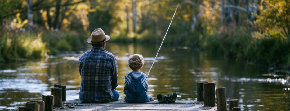 Father and son fishing together on a dock by a tranquil river  