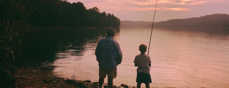 Father and son fishing at sunset by the lake  