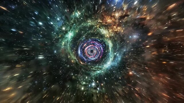 Hyperspace Vortex Tunnel Through Cosmic Nebula - A vibrant vortex tunnel of swirling cosmic colors and sparkling stars, creating a sense of fast-paced travel through space.