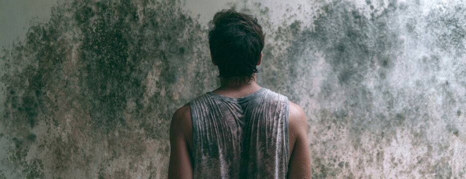 Man standing in front of a moldy wall looking contemplative  