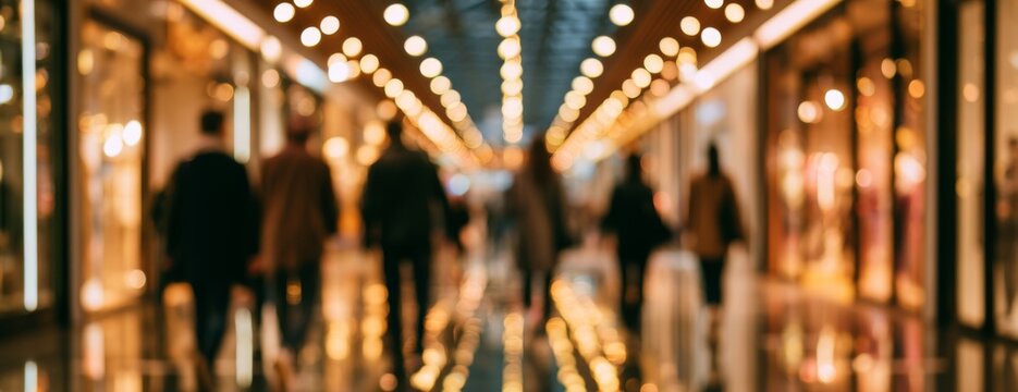 People walking through a shopping mall with bright lights and reflections  