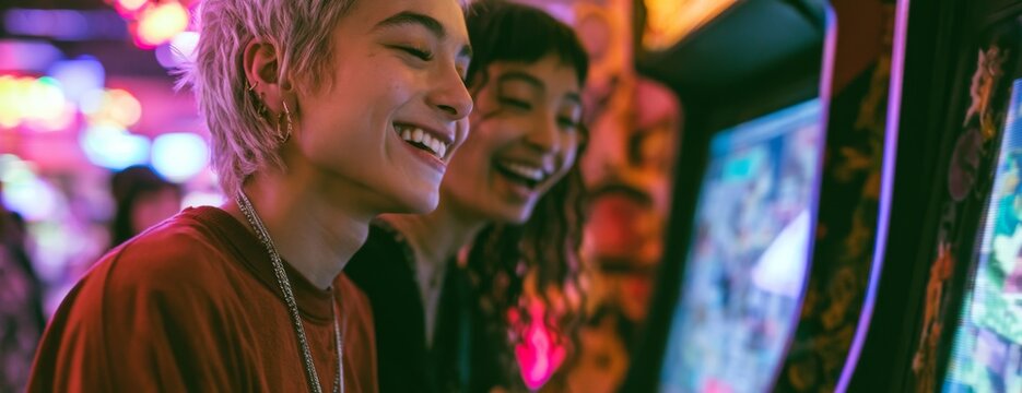 Young friends smiling while playing arcade games in vibrant neon lights  