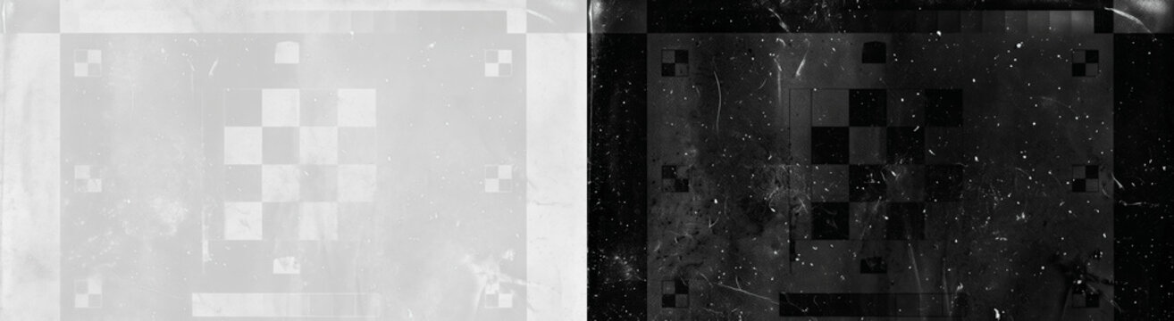 Distressed grey film leader texture with scratches and technical frame markings, vintage analog aesthetic with checkerboard patterns for creative overlay, grunge background design for video projects