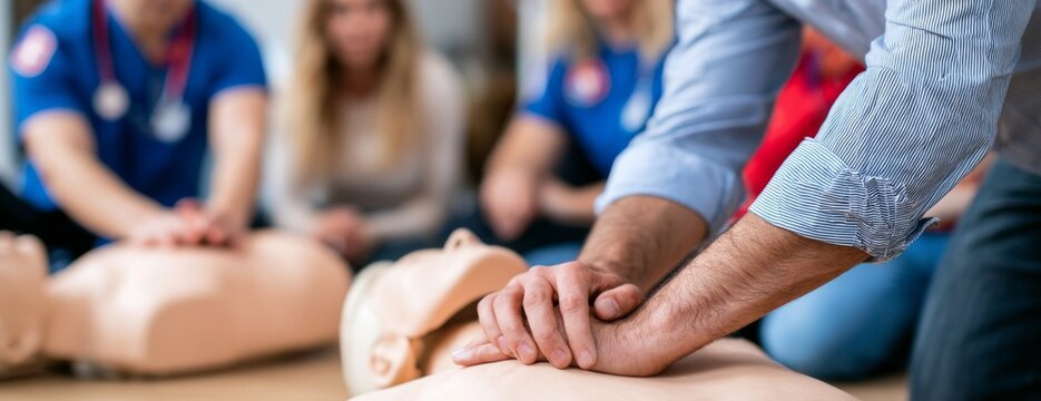 Man performing CPR on dummy during training session in classroom  