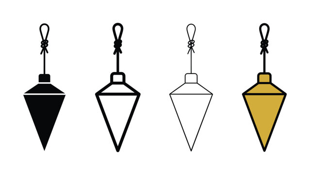 Four plumb bobs in different styles and colors on a white background representing construction and architectural tools