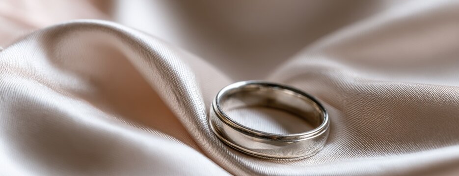 Silver wedding ring resting on soft satin fabric  