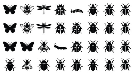 Collection of black insect silhouettes including butterfly bee dragonfly ladybug caterpillar and beetle icons isolated on white background for graphic design and web elements. © VectorSuka