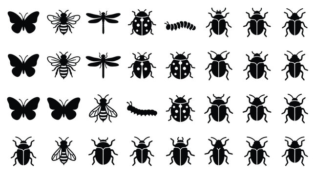 Collection of black insect silhouettes including butterfly bee dragonfly ladybug caterpillar and beetle icons isolated on white background for graphic design and web elements.