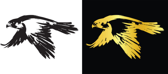 Fototapeta premium Majestic Flying Falcon Silhouette Vector Artwork in Black and Gold for Crest Logo and Emblem Design