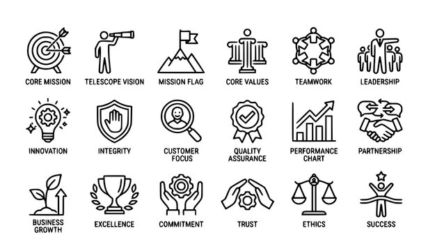 Premium mission vision and business values line icon pack vector