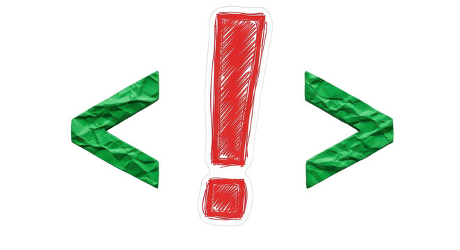 Handmade exclamation symbol with green brackets isolated on transparent background, bold warning element for coding, alerts, notifications, education and creative design.