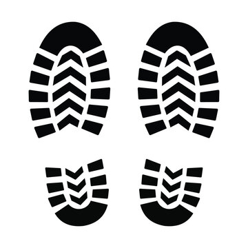 Boot print vector icon, pair of shoe footprint tread marks, black footsteps illustration