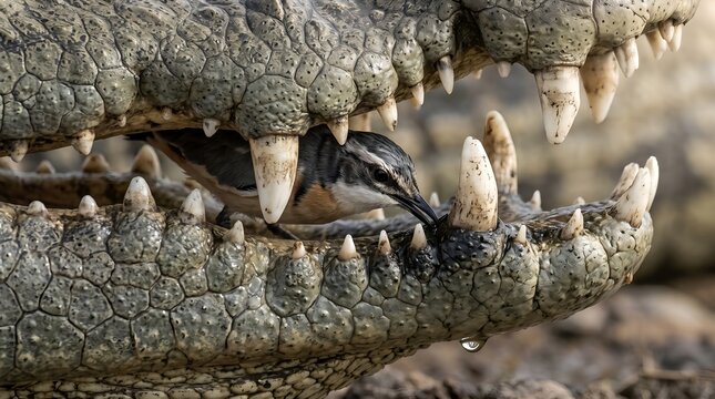 A small bird fearlessly interacting inside the gaping maw of a large crocodile, showcasing an incredible natural symbiotic relationship