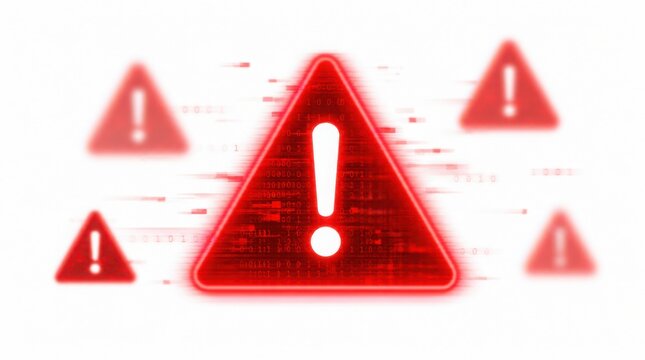 Red warning triangles with exclamation marks appear on a digital background, symbolizing alerts or errors in a high-tech or cybersecurity context.