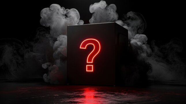 A mysterious black cube with a glowing red question mark emits smoke, creating an enigmatic and suspenseful atmosphere on a dark reflective surface.