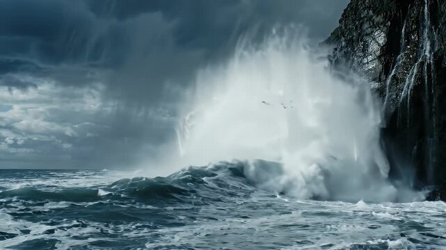 Powerful Ocean Wave Crashing Against Rocky Cliffs Under Dramatic Sky - A massive ocean wave explodes with white foam against dark, jagged cliffs under a stormy, cloudy sky.