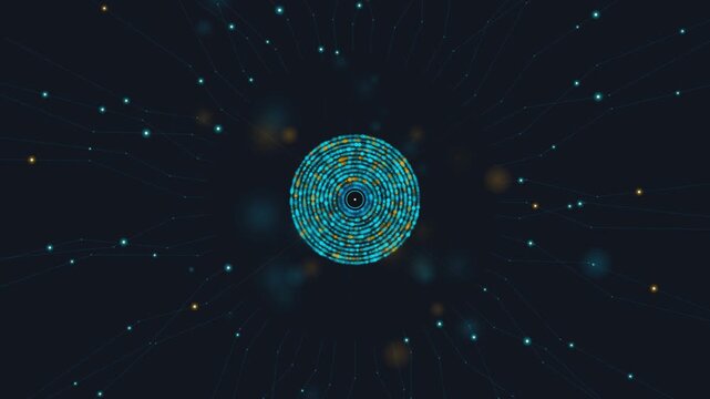 Dynamic abstract digital eye motion graphics with glowing particles and neural network connections.