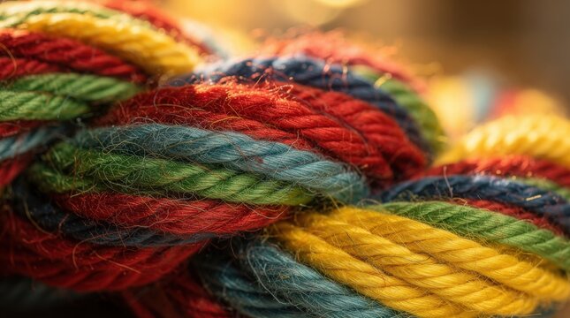 Close-up of a colorful, twisted rope showing detailed texture and vibrant fibers in red, yellow, green, and blue strands.