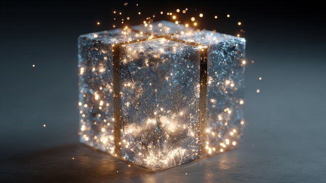 A shiny silver cube emits small sparks from its surface, dark background. Ideal for illustrating abstract concepts, future technology, and innovation.