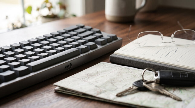 Mechanical keyboard, notebook with glasses, car keys and map on wooden office desk