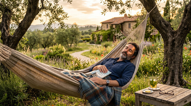 Man relaxing in hammock reading book in tuscan garden at sunset