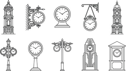 Naklejka premium Vintage street timepieces vector collection including architectural clock towers retro lamp posts hanging station dials and pillar clocks