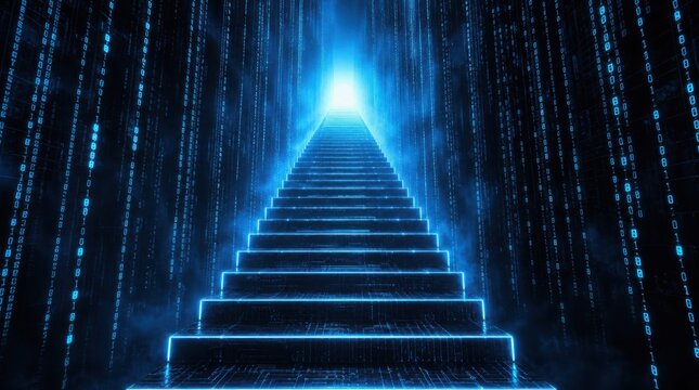 A glowing digital staircase ascends into bright light, surrounded by cascading streams of binary code, symbolizing progress and futuristic technology.