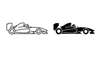 Fototapeta premium Racing Car Icon: A minimalist illustration featuring a sleek racing car, presented in both outline and solid black silhouette, symbolizing speed and competition.
