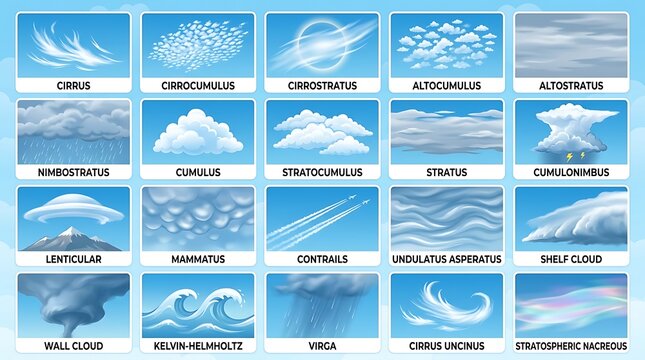 Educational infographic showing different types of clouds in the sky