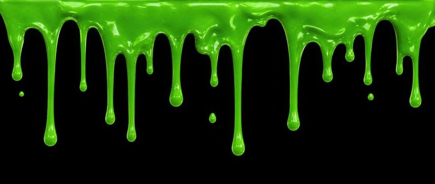 Bright green slime dripping down against a black background, creating a vivid, glossy, and somewhat eerie visual effect.