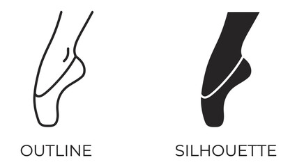 Ballet Footwork Icon: A side-by-side comparison showcases the outline and silhouette of a ballet dancer's foot in a pointe shoe, illustrating graceful movement and artistic expression. © Md